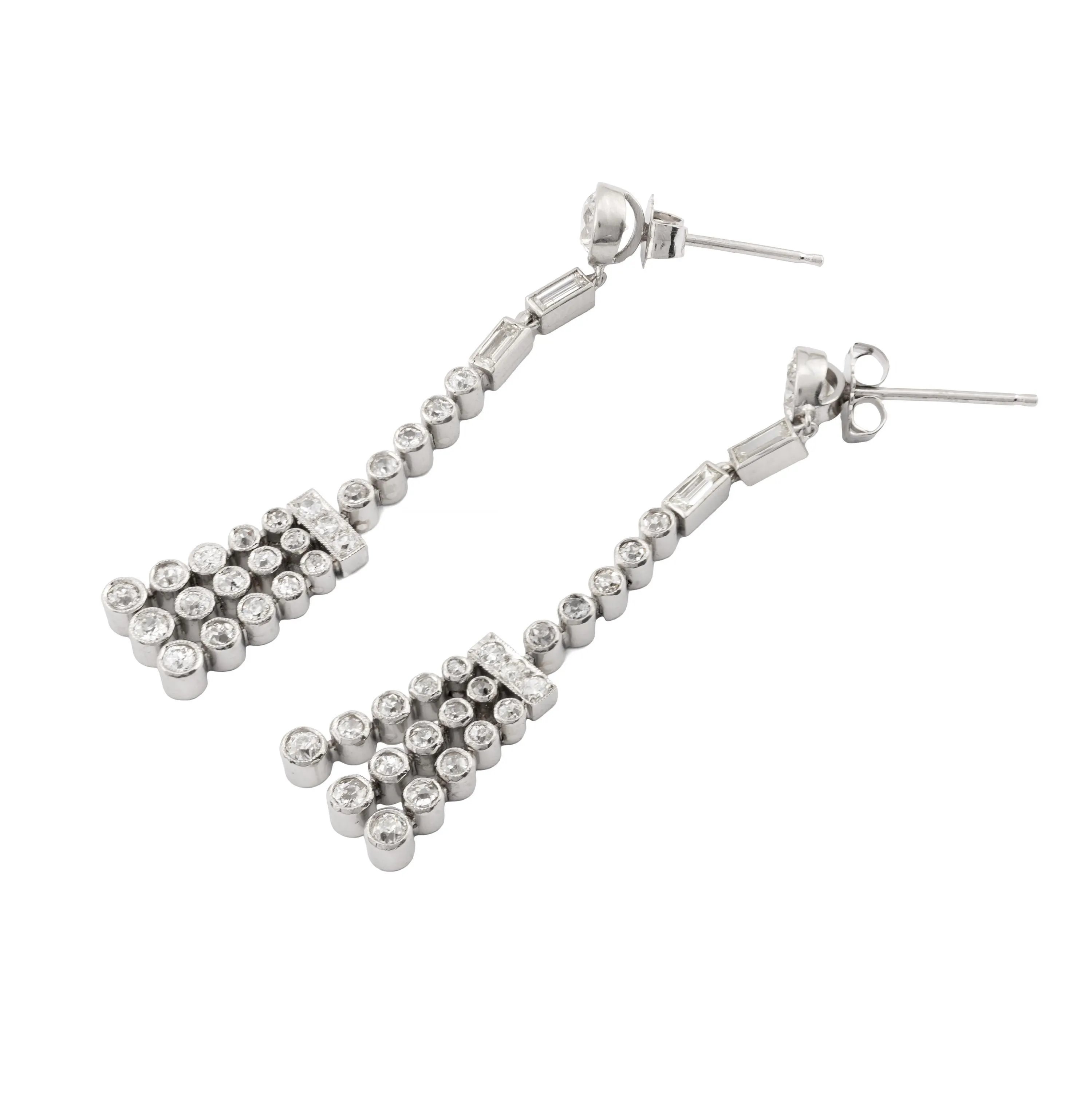 Dramatic Art Deco 3.05ctw European Cut Diamond Dangle Earrings in Platinum