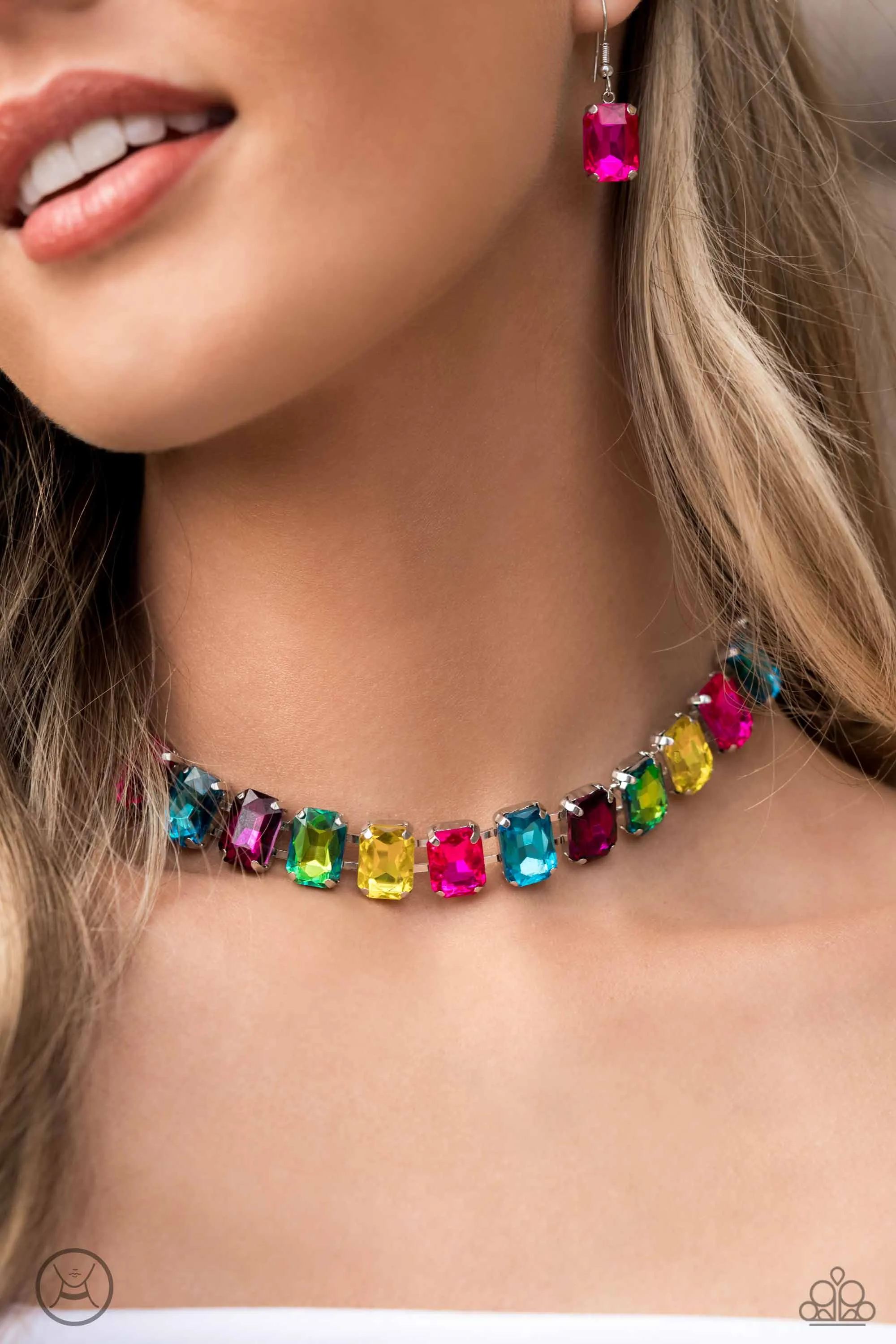 Ecstatic Emeralds - Multi - Colorful Gem Paparazzi Choker Necklace - 2024 Empower Me Pink Exclusive