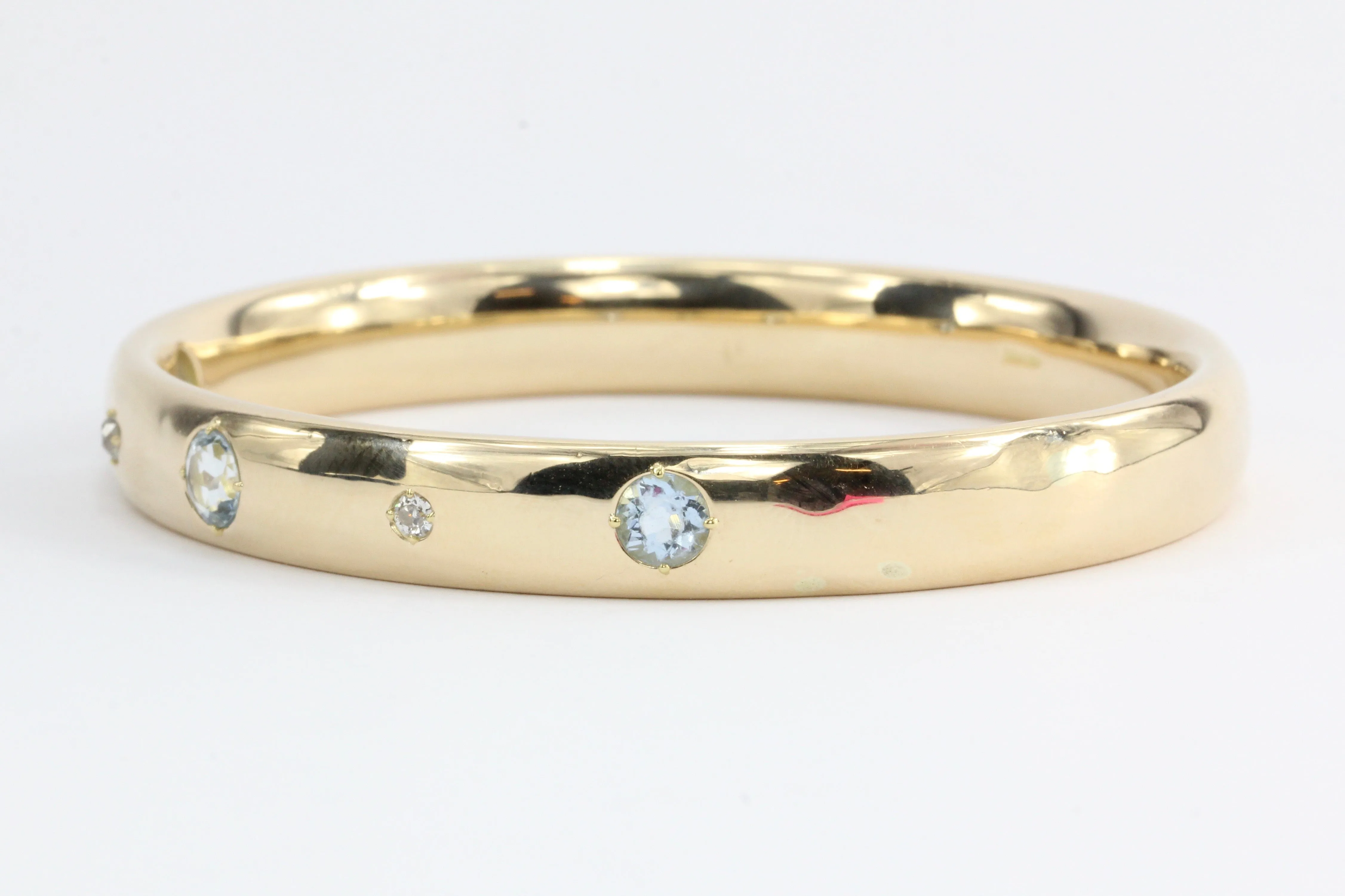 Edwardian 14K Gold Old European Diamond & Aquamarine Bangle Bracelet c.1905