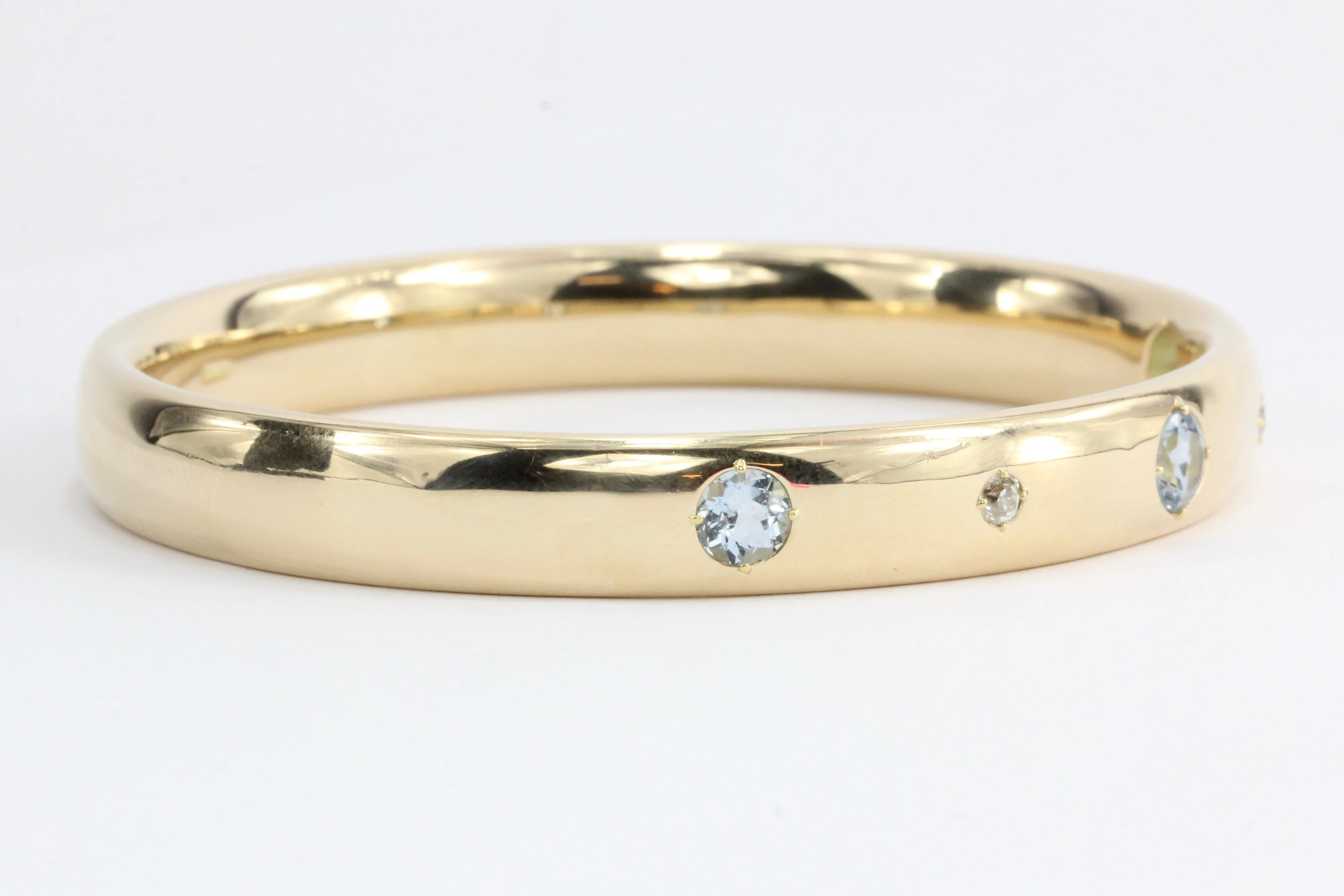 Edwardian 14K Gold Old European Diamond & Aquamarine Bangle Bracelet c.1905