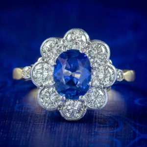 Edwardian Style Sapphire Diamond Daisy Cluster Ring 1.2ct Sapphire