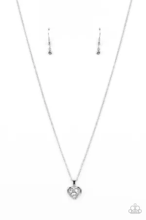 Effulgently Engaged - White - Rhinestone Dainty Heart Paparazzi Short Necklace