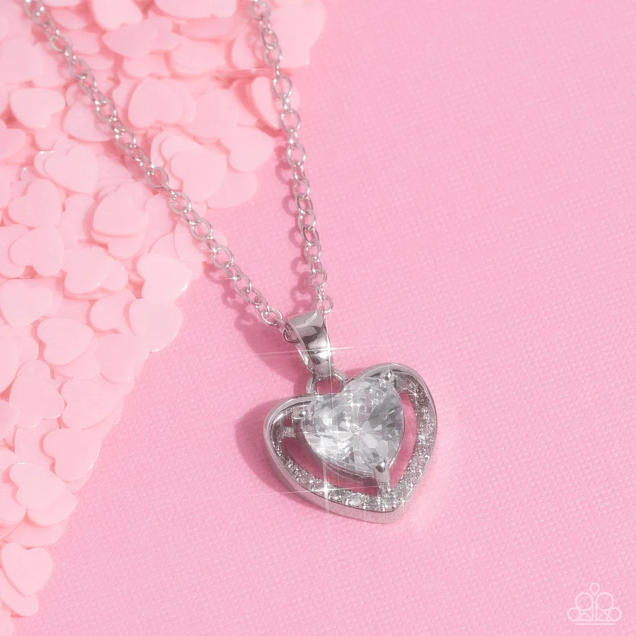 Effulgently Engaged - White - Rhinestone Dainty Heart Paparazzi Short Necklace
