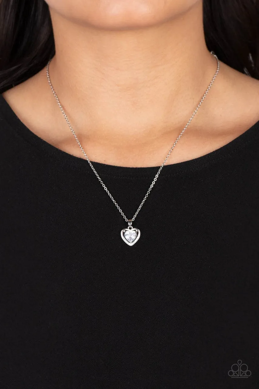 Effulgently Engaged - White - Rhinestone Dainty Heart Paparazzi Short Necklace