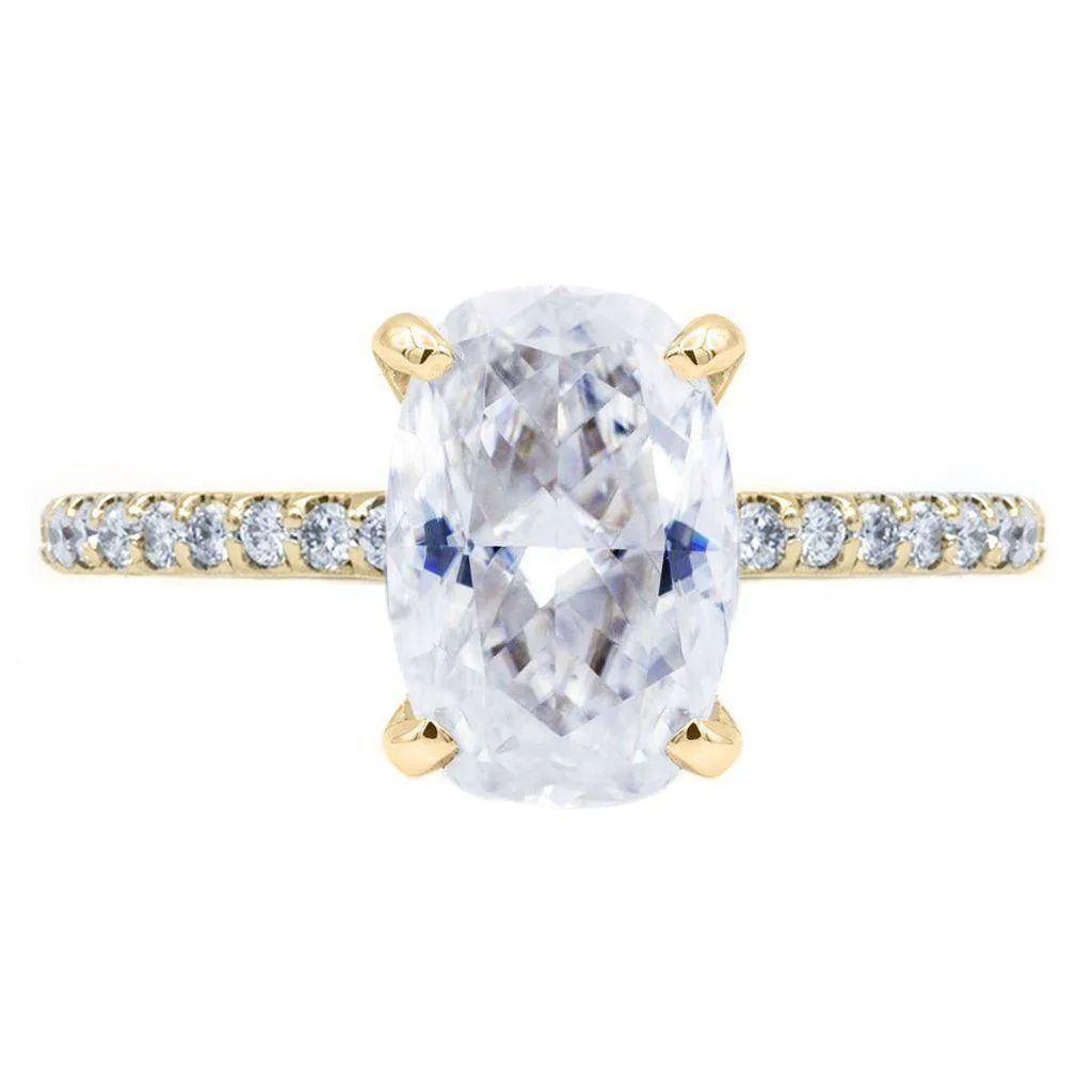 Elongated Skinny Cushion Crushed Ice Moissanite 4 Prongs Diamond Accent Ice Solitaire Ring