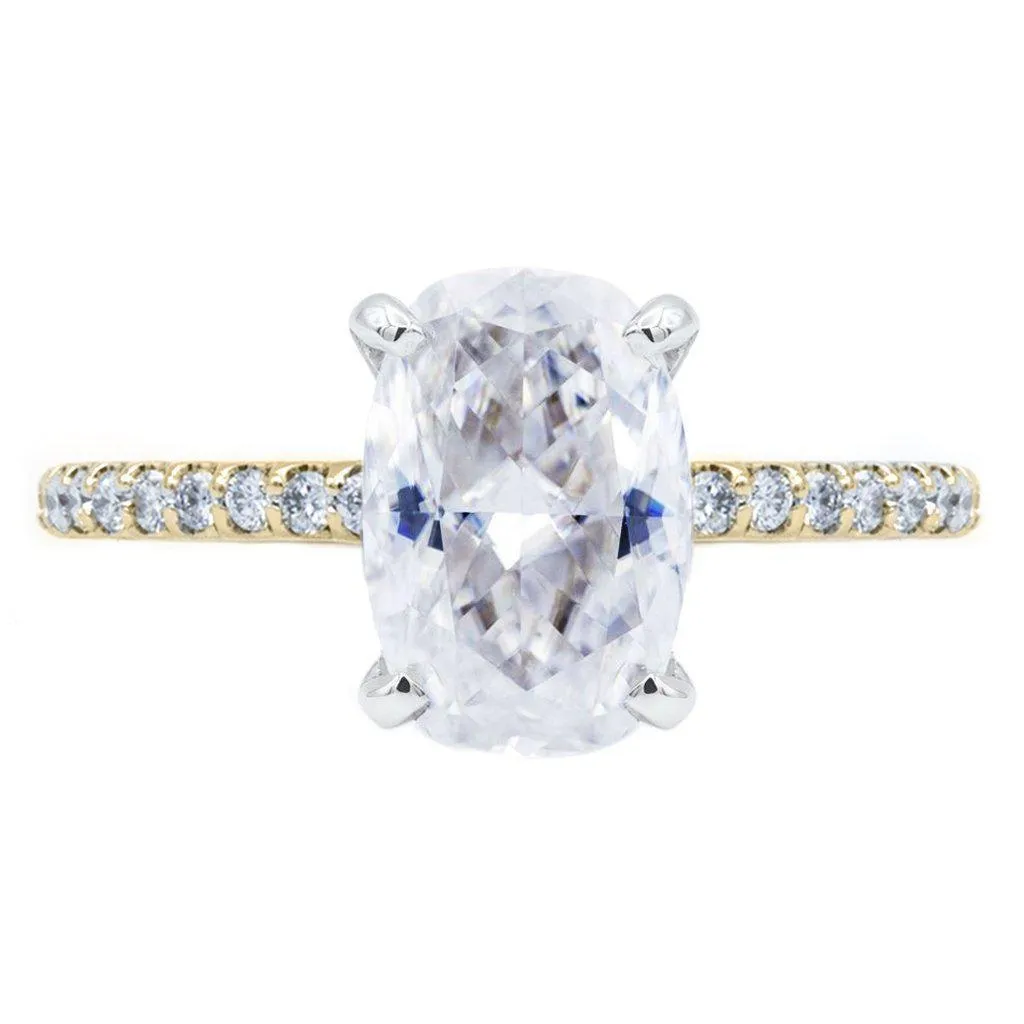 Elongated Skinny Cushion Crushed Ice Moissanite 4 Prongs Diamond Accent Ice Solitaire Ring