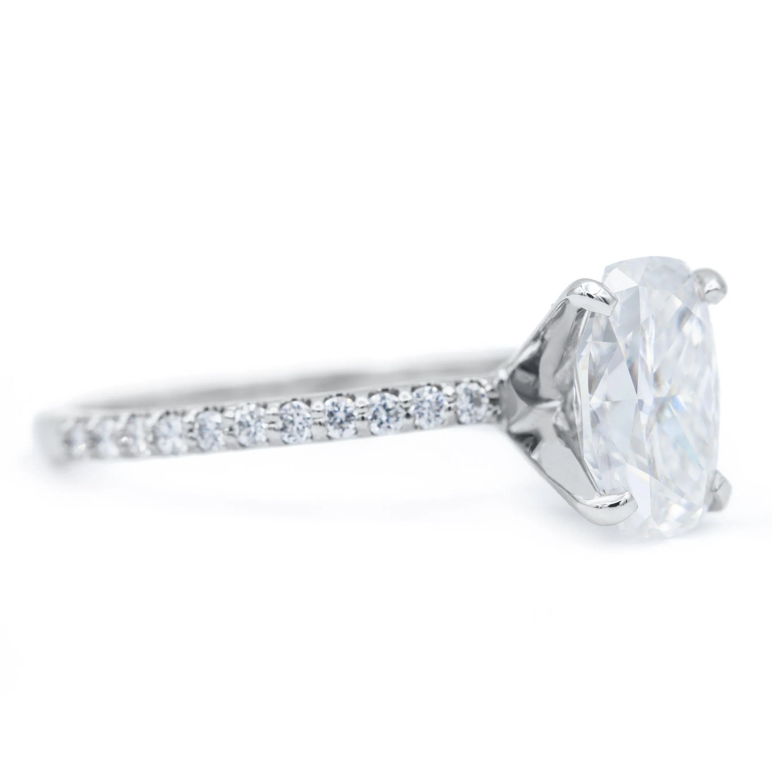 Elongated Skinny Cushion Crushed Ice Moissanite 4 Prongs Diamond Accent Ice Solitaire Ring