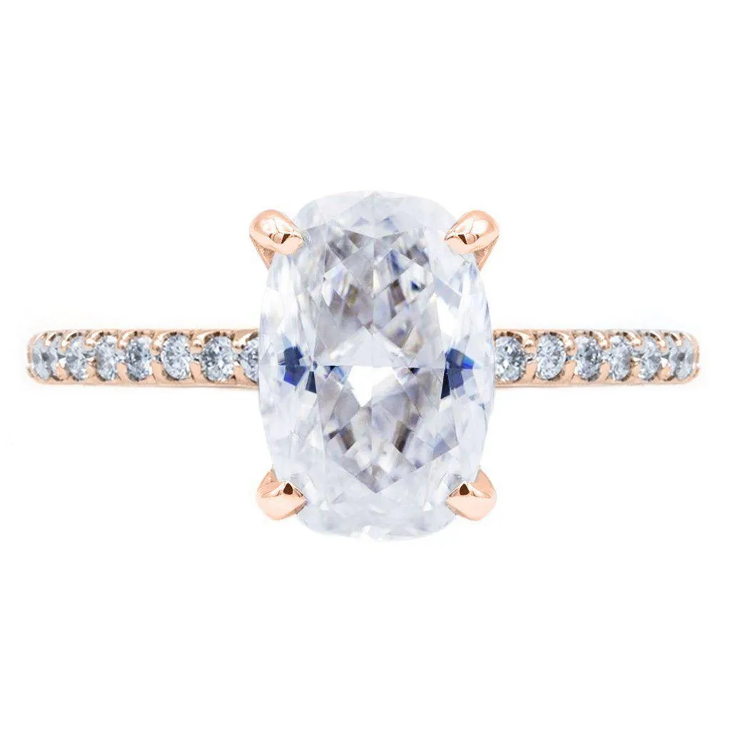 Elongated Skinny Cushion Crushed Ice Moissanite 4 Prongs Diamond Accent Ice Solitaire Ring