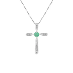 Emerald and Diamond Cross Pendant in Sterling Silver