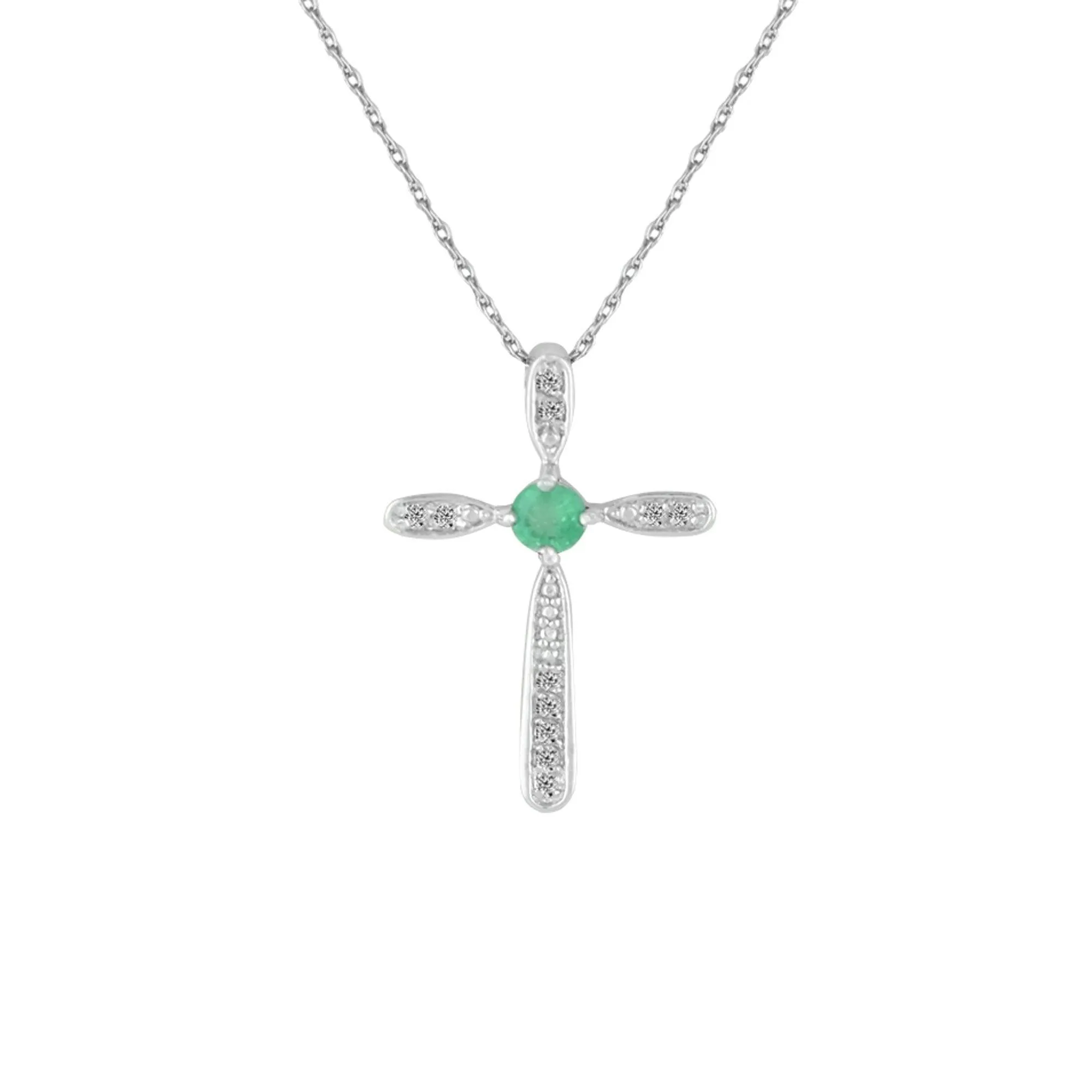 Emerald and Diamond Cross Pendant in Sterling Silver