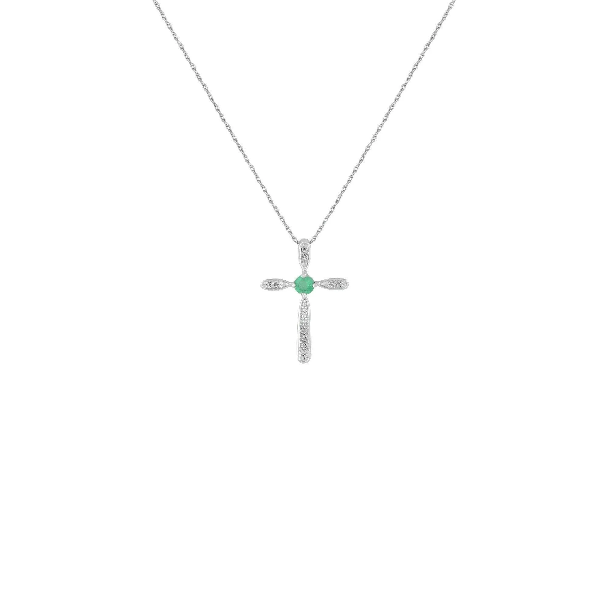 Emerald and Diamond Cross Pendant in Sterling Silver