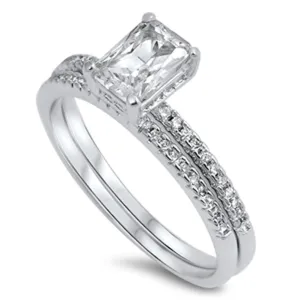 Emerald Cut Wedding Set Clear CZ Ring New .925 Sterling Silver Band Sizes 5-10