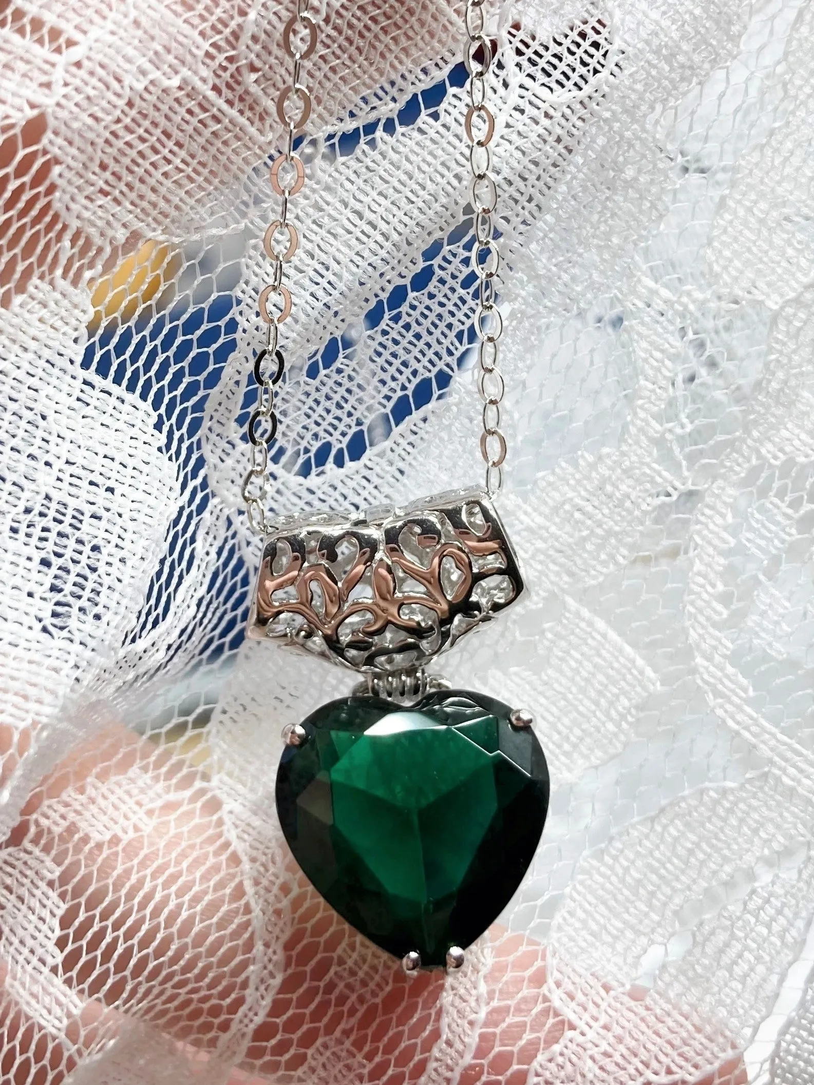 Emerald Pendant, Heart Gemstone, Gold upgrade, Art Nouveau Necklace #P38