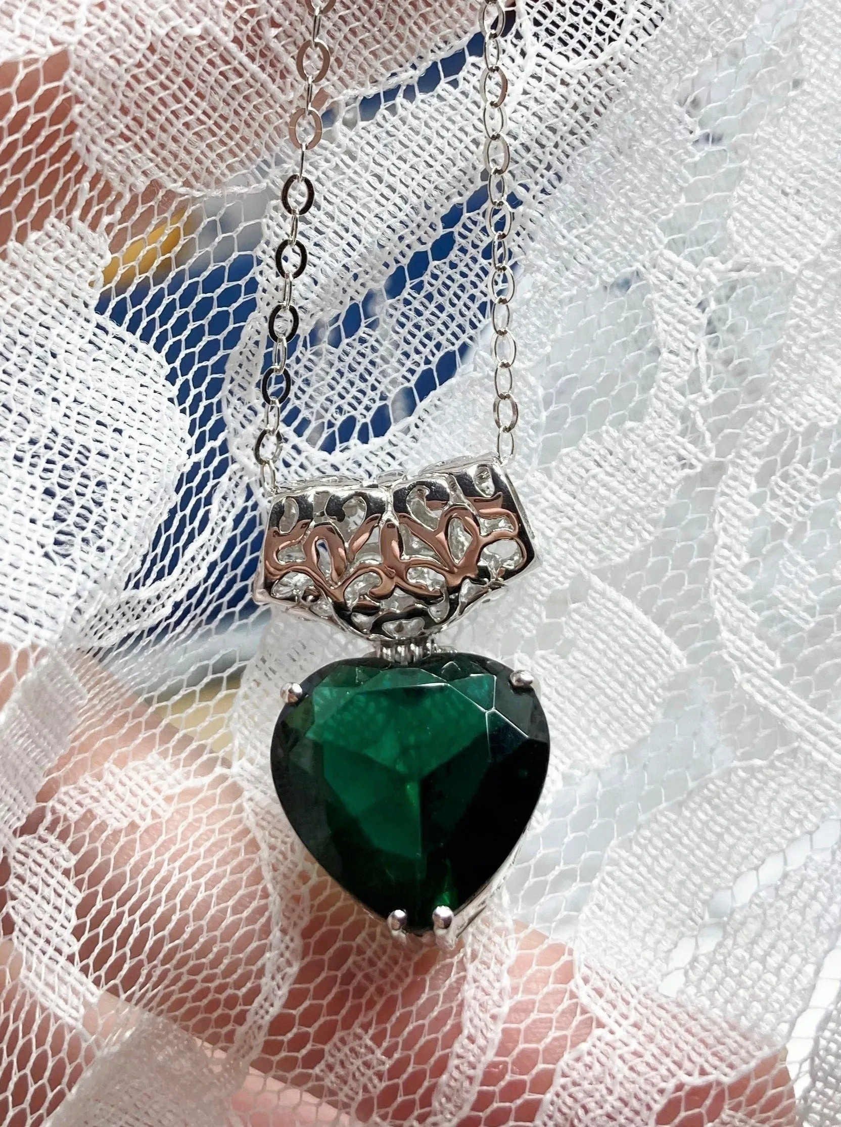 Emerald Pendant, Heart Gemstone, Gold upgrade, Art Nouveau Necklace #P38