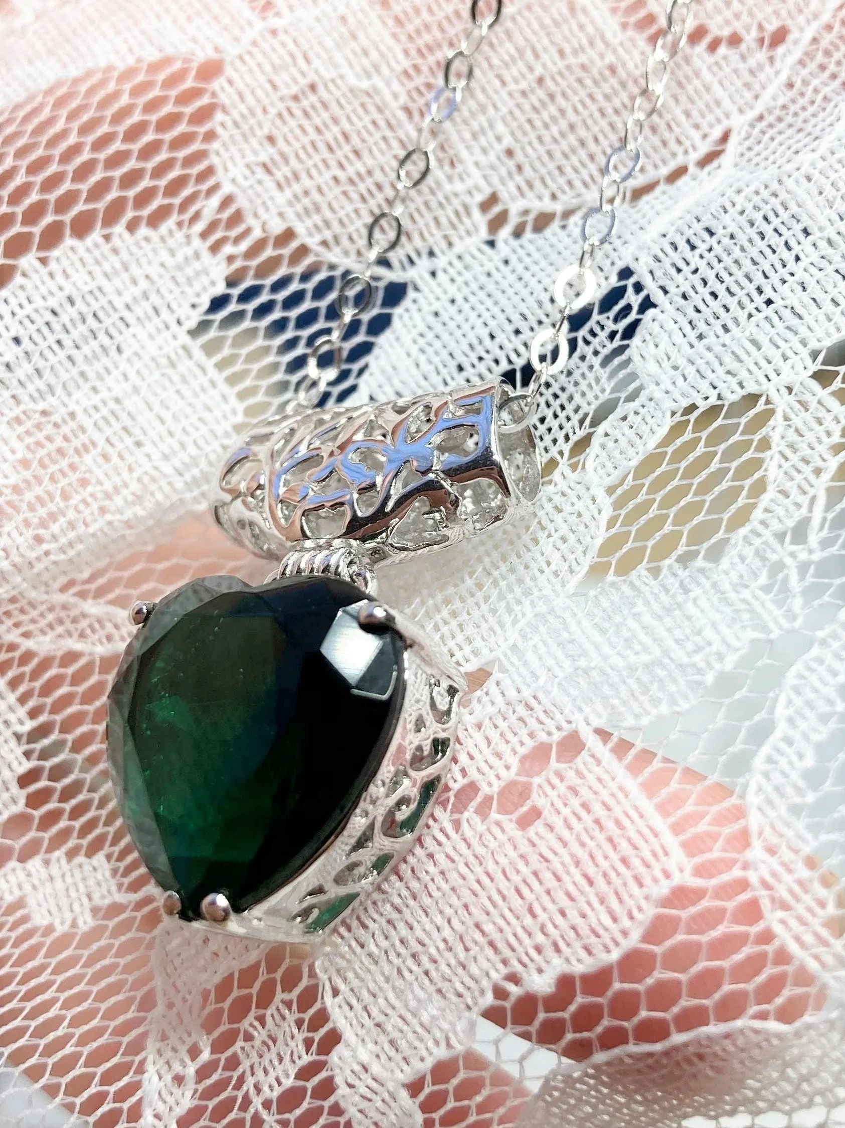 Emerald Pendant, Heart Gemstone, Gold upgrade, Art Nouveau Necklace #P38