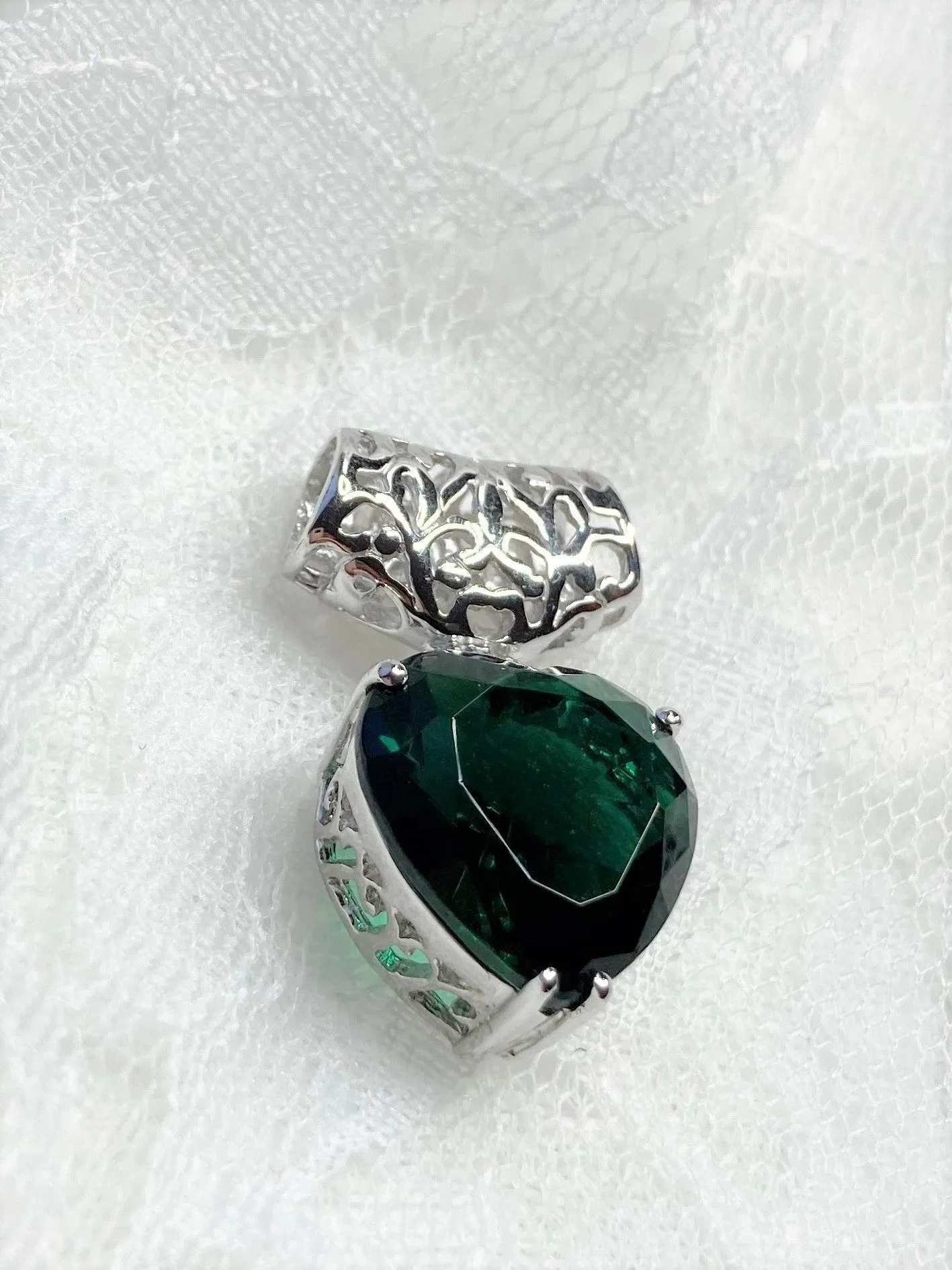 Emerald Pendant, Heart Gemstone, Gold upgrade, Art Nouveau Necklace #P38