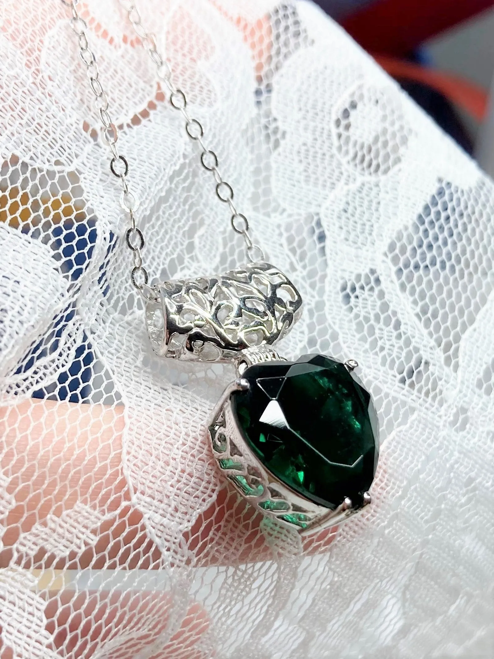 Emerald Pendant, Heart Gemstone, Gold upgrade, Art Nouveau Necklace #P38