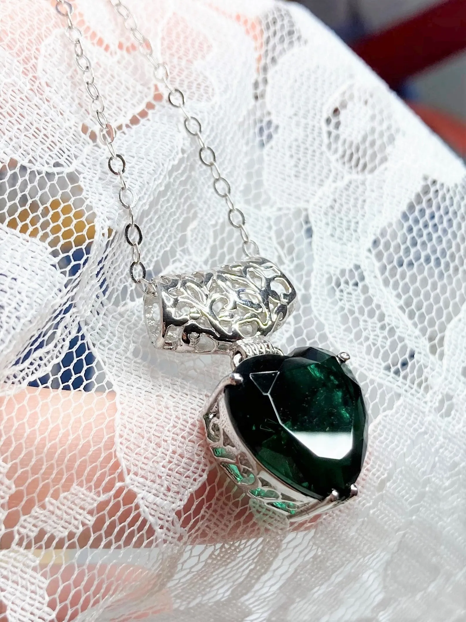 Emerald Pendant, Heart Gemstone, Gold upgrade, Art Nouveau Necklace #P38