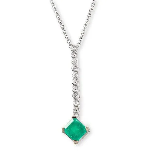 Emerald with Bezel Set Diamonda Pendant Necklace In 18k White Gold