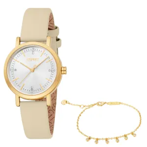 Esprit Women's Gold-Tone Watch with Beige Leather Strap & Matching Bracelet