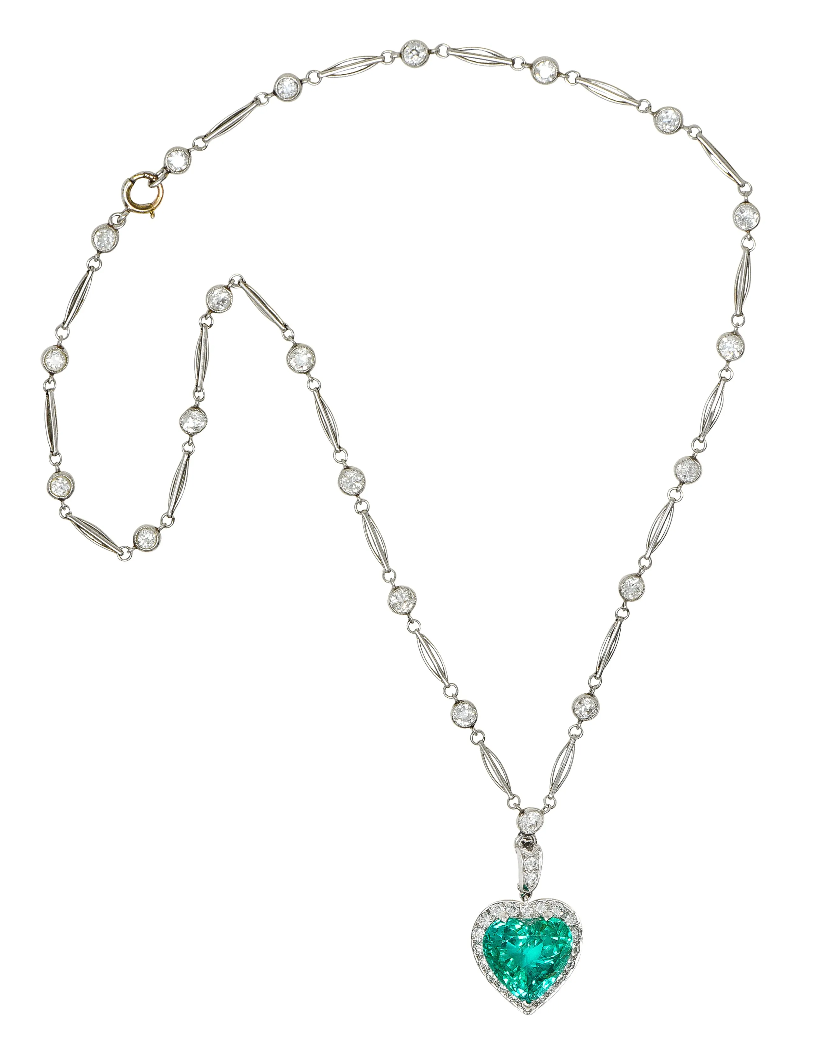 Exceptional 14.64 CTW Heart Cut Colombian Emerald Diamond Platinum Vintage 1950's Enhancer Pendant Necklace AGL Heart