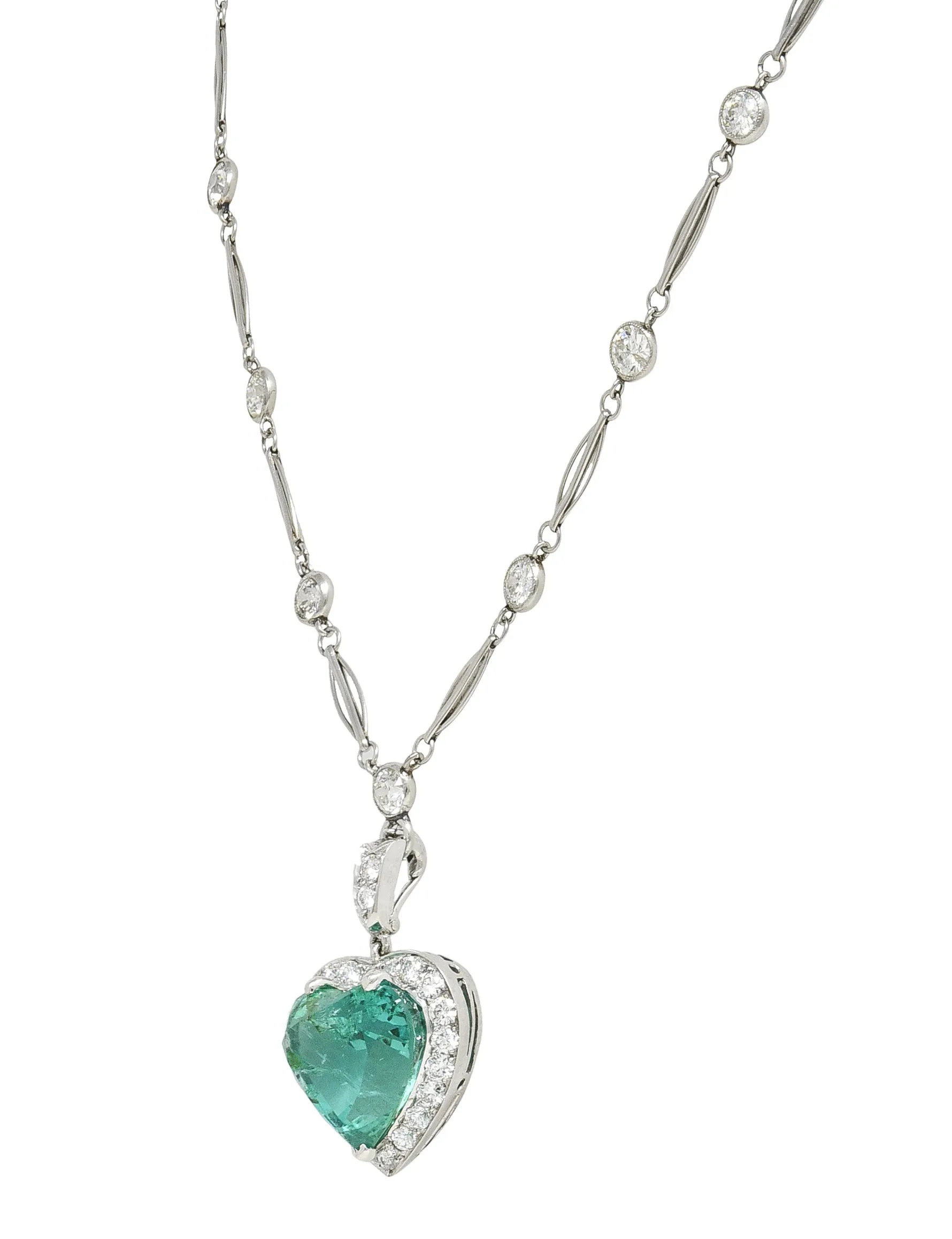 Exceptional 14.64 CTW Heart Cut Colombian Emerald Diamond Platinum Vintage 1950's Enhancer Pendant Necklace AGL Heart