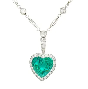 Exceptional 14.64 CTW Heart Cut Colombian Emerald Diamond Platinum Vintage 1950's Enhancer Pendant Necklace AGL Heart