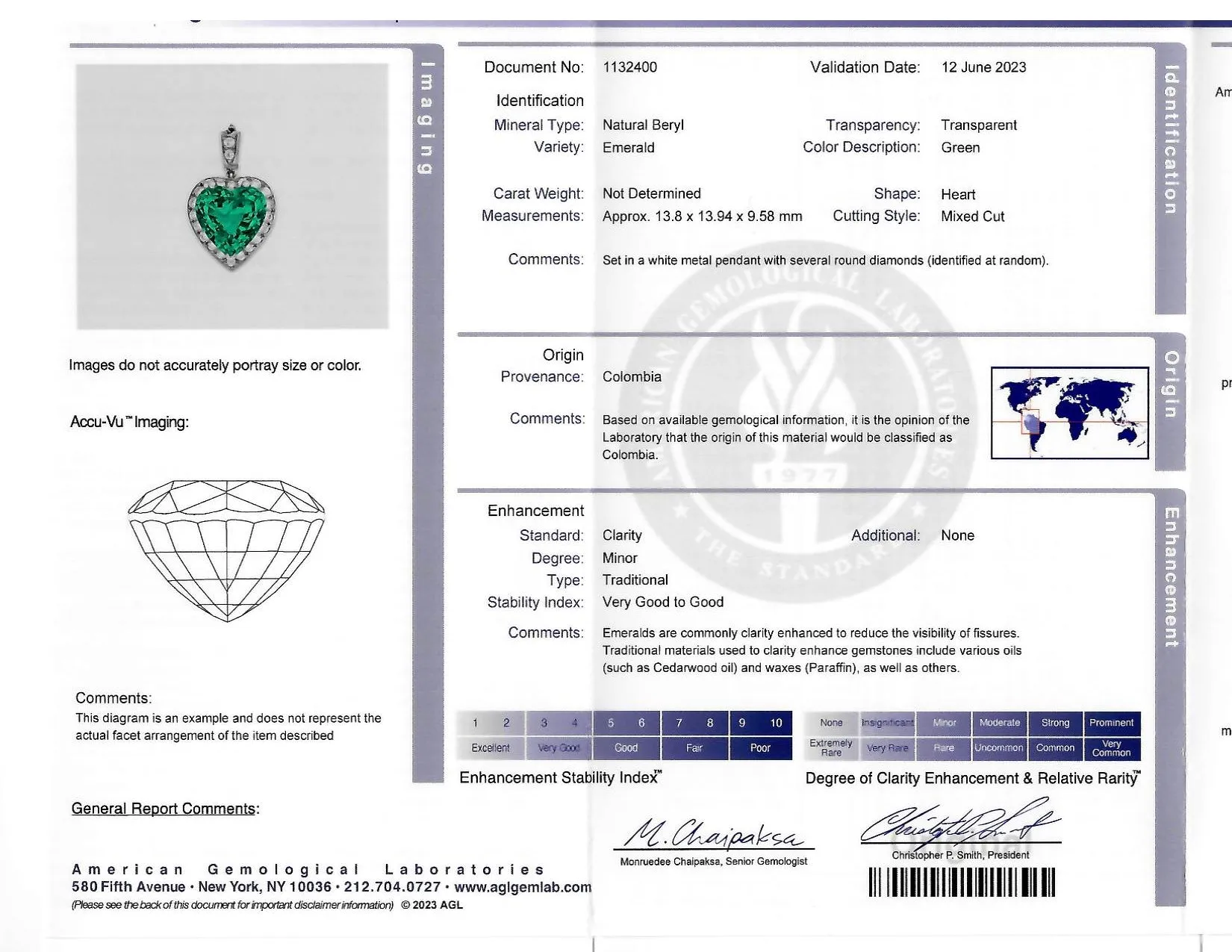 Exceptional 14.64 CTW Heart Cut Colombian Emerald Diamond Platinum Vintage 1950's Enhancer Pendant Necklace AGL Heart