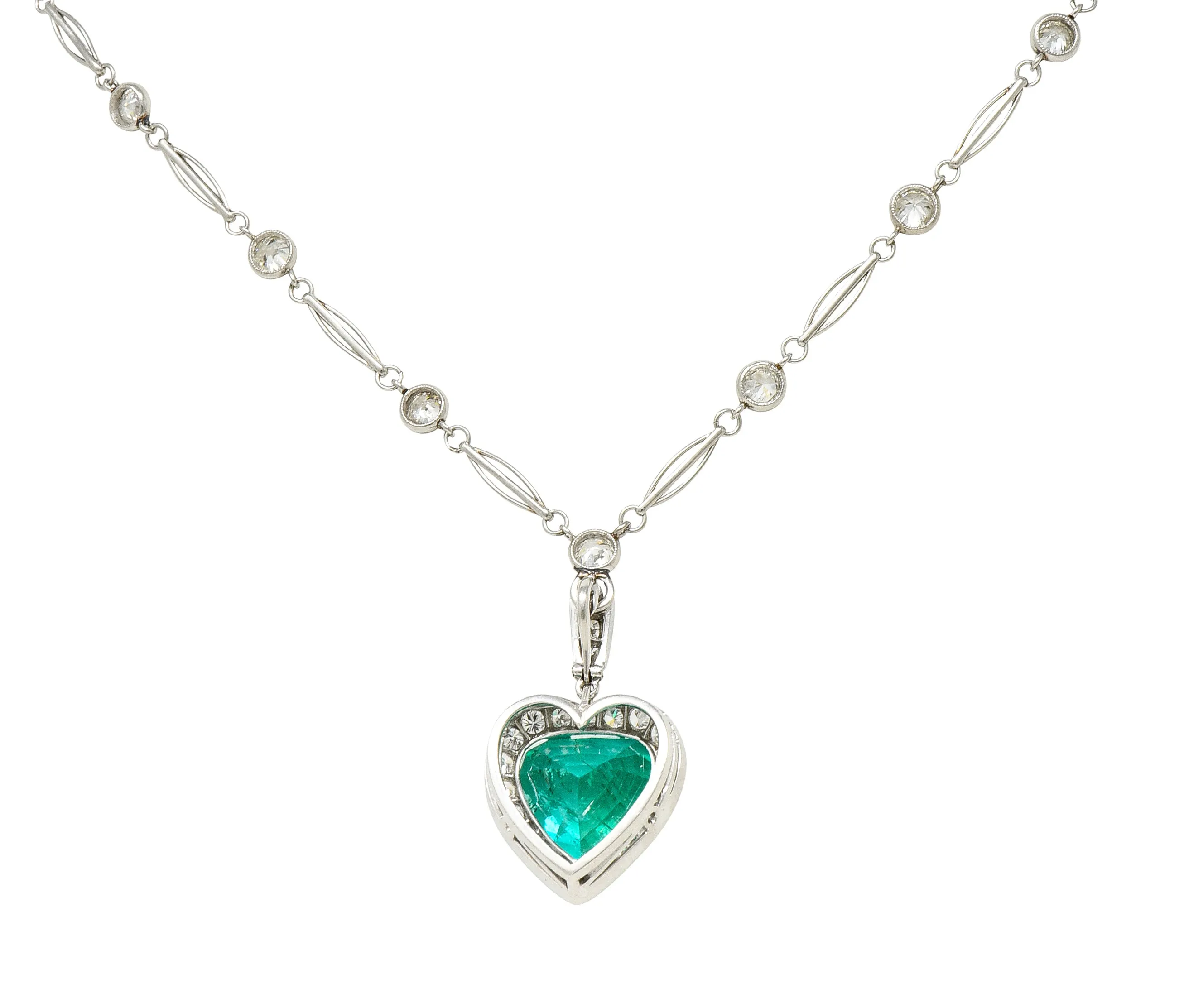 Exceptional 14.64 CTW Heart Cut Colombian Emerald Diamond Platinum Vintage 1950's Enhancer Pendant Necklace AGL Heart