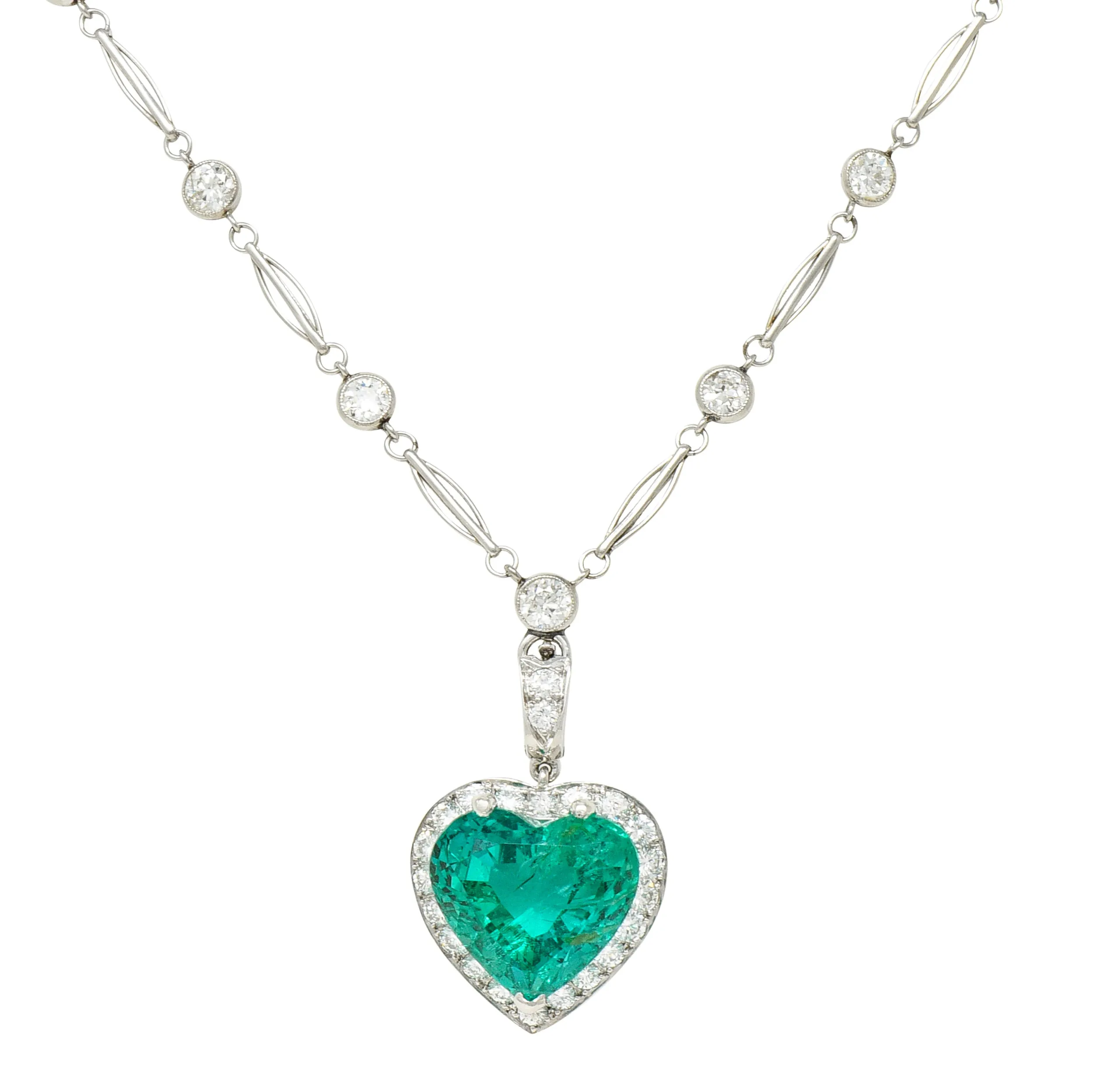 Exceptional 14.64 CTW Heart Cut Colombian Emerald Diamond Platinum Vintage 1950's Enhancer Pendant Necklace AGL Heart