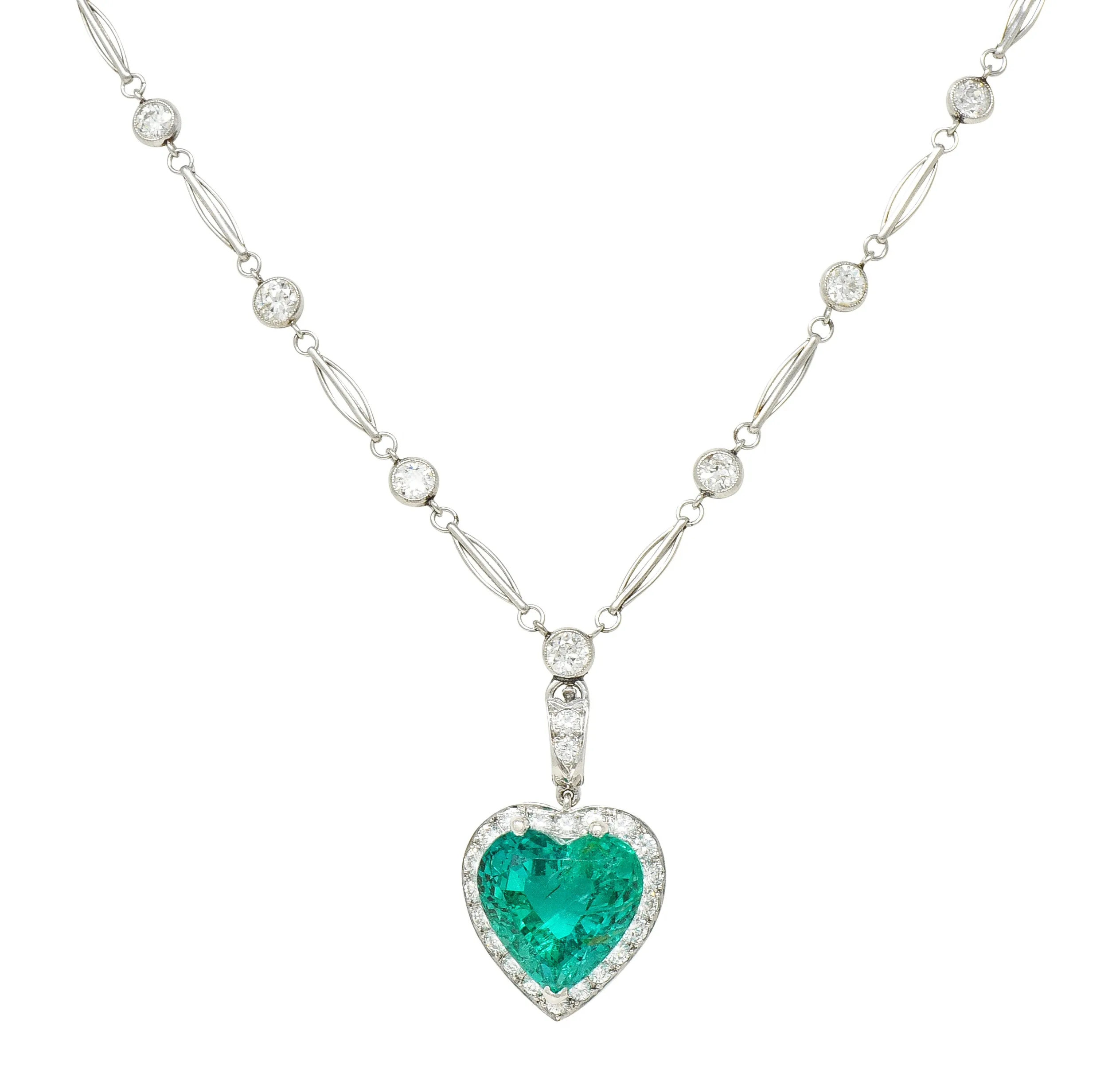 Exceptional 14.64 CTW Heart Cut Colombian Emerald Diamond Platinum Vintage 1950's Enhancer Pendant Necklace AGL Heart