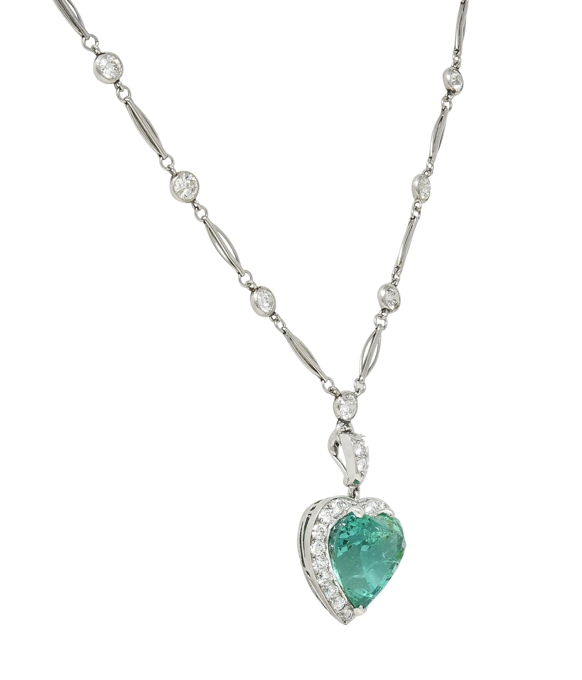 Exceptional 14.64 CTW Heart Cut Colombian Emerald Diamond Platinum Vintage 1950's Enhancer Pendant Necklace AGL Heart