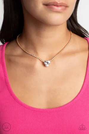 Flirty Fiancé - Gold - White Heart Gem Rhinestone Paparazzi Choker Necklace