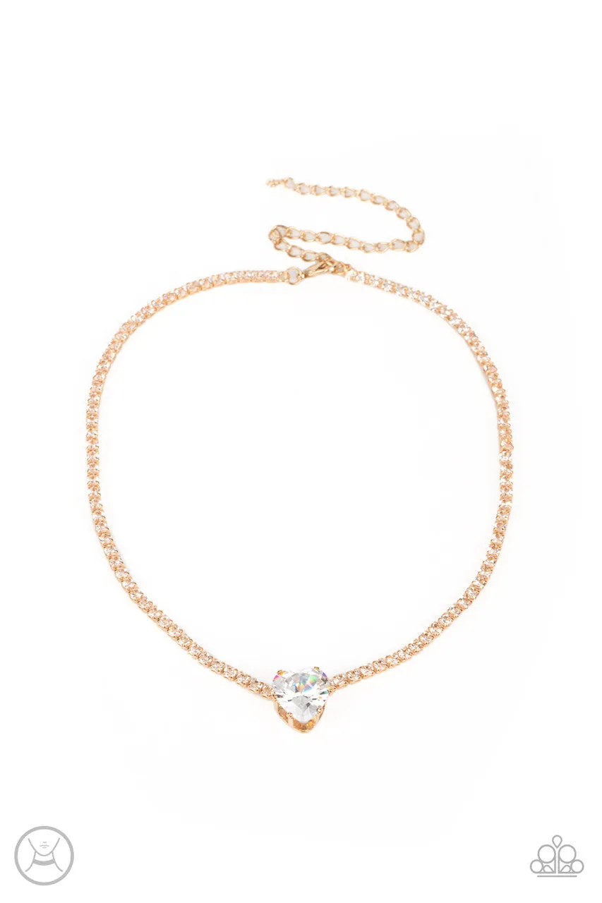 Flirty Fiancé - Gold - White Heart Gem Rhinestone Paparazzi Choker Necklace