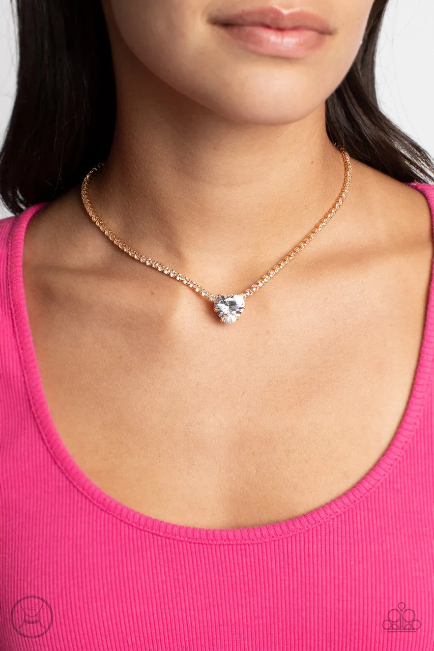 Flirty Fiancé - Gold - White Heart Gem Rhinestone Paparazzi Choker Necklace