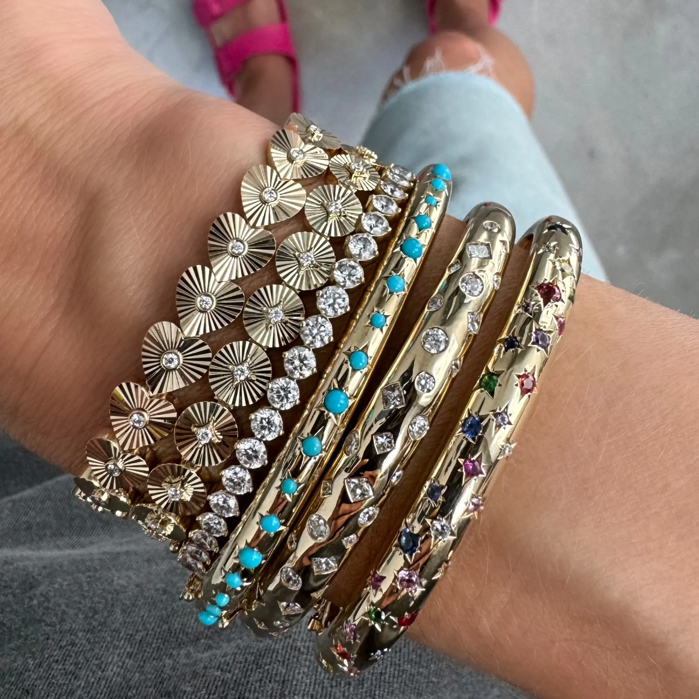 Fluted Gold & Diamond Eternity Disc Bracelet