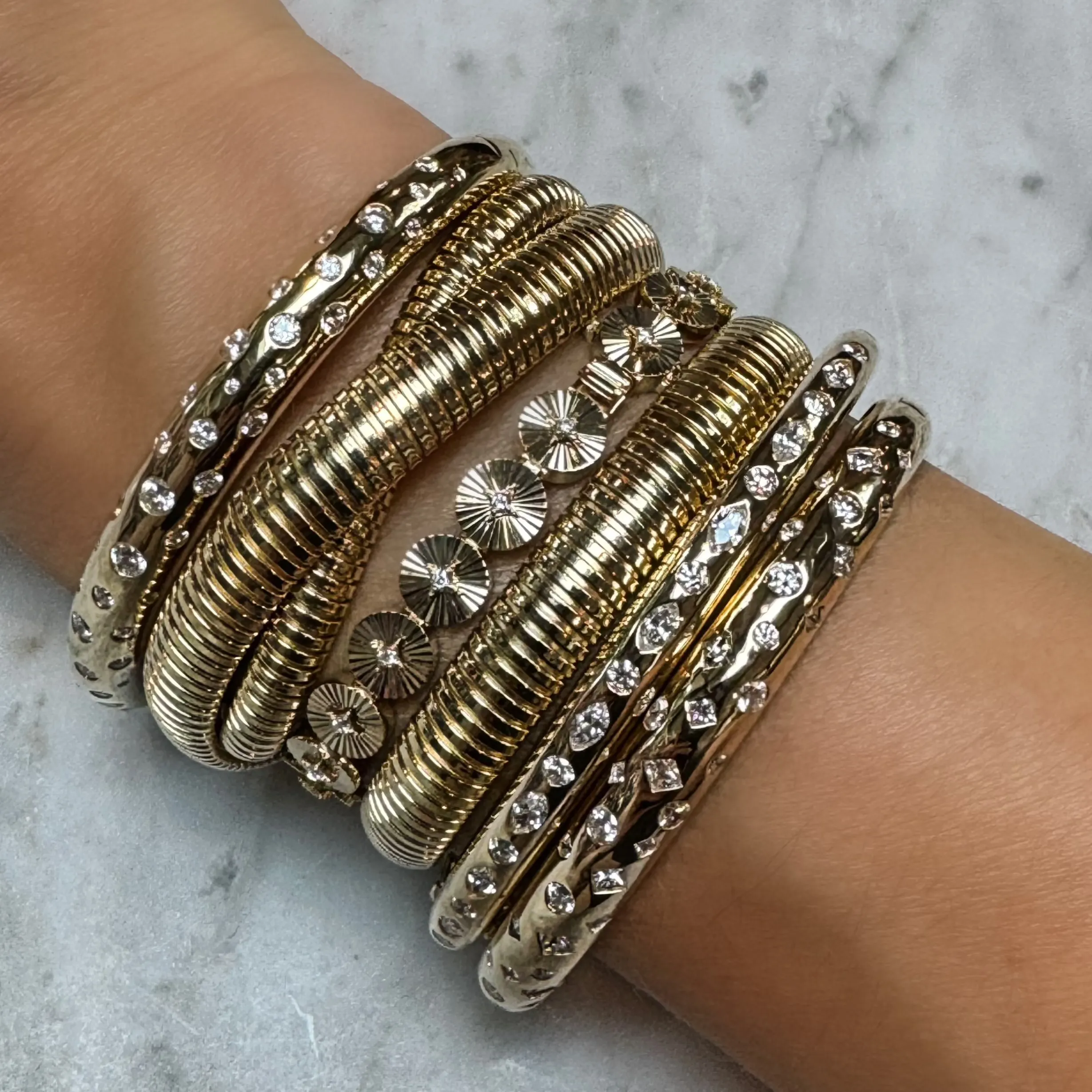 Fluted Gold & Diamond Eternity Disc Bracelet