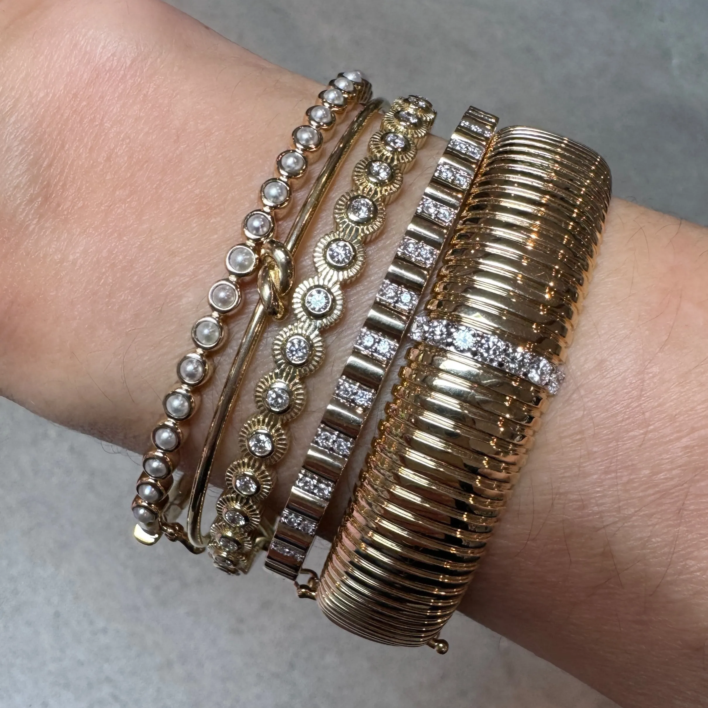 Fluted Gold & Diamond Eternity Disc Bracelet