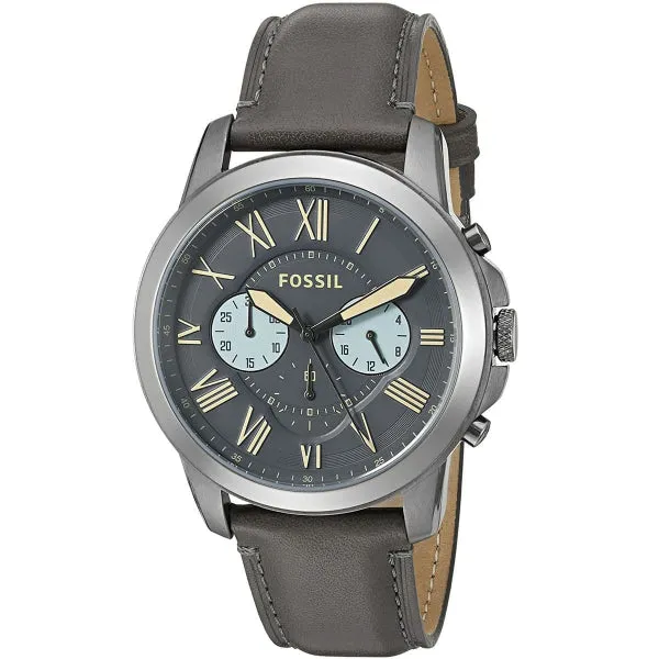 Fossil Grant Gray Leather Strap Gunmetal Dial Chronograph Quartz Watch for Gents - Fossil FS5183