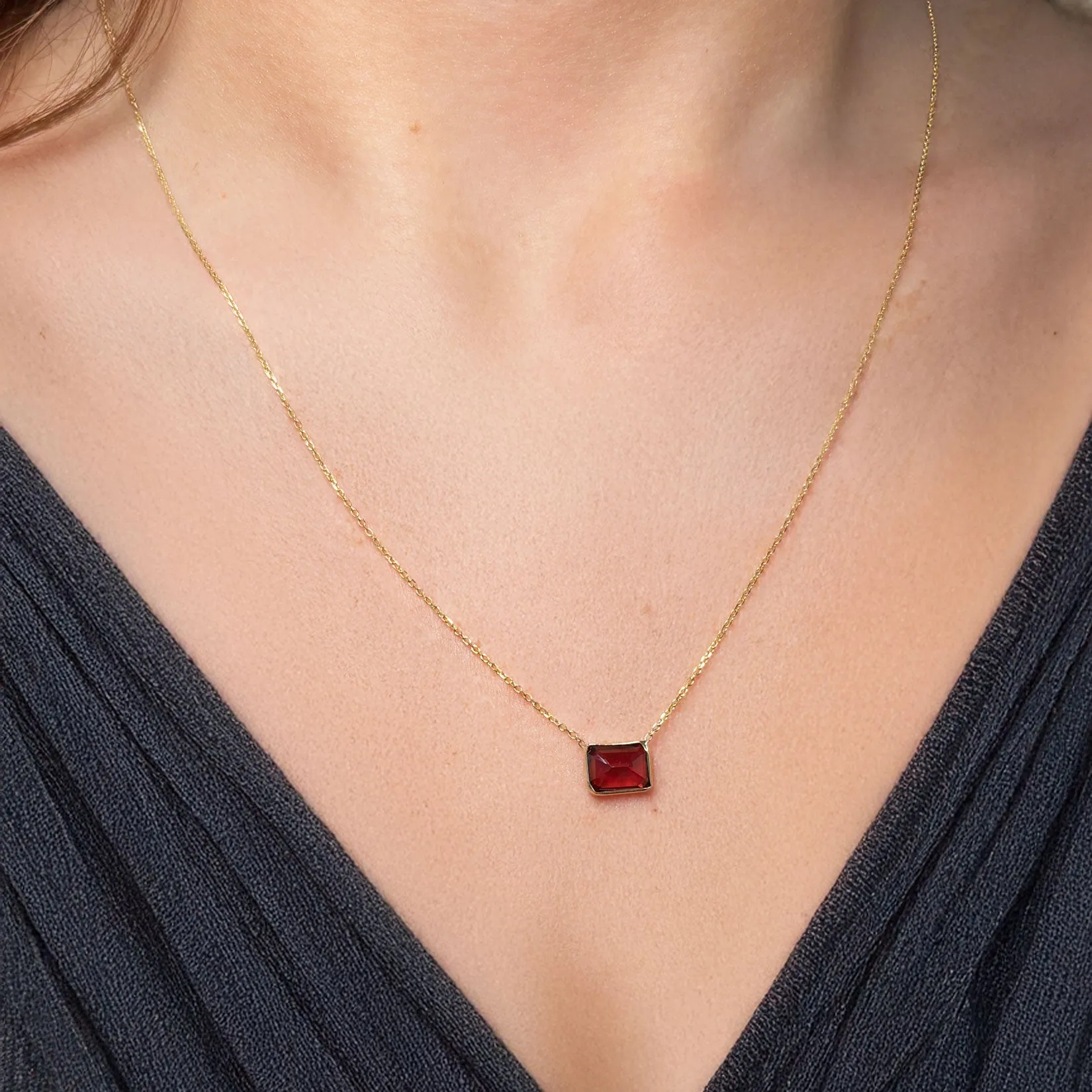 Garnet Emerald Cut Single Bezel Necklace