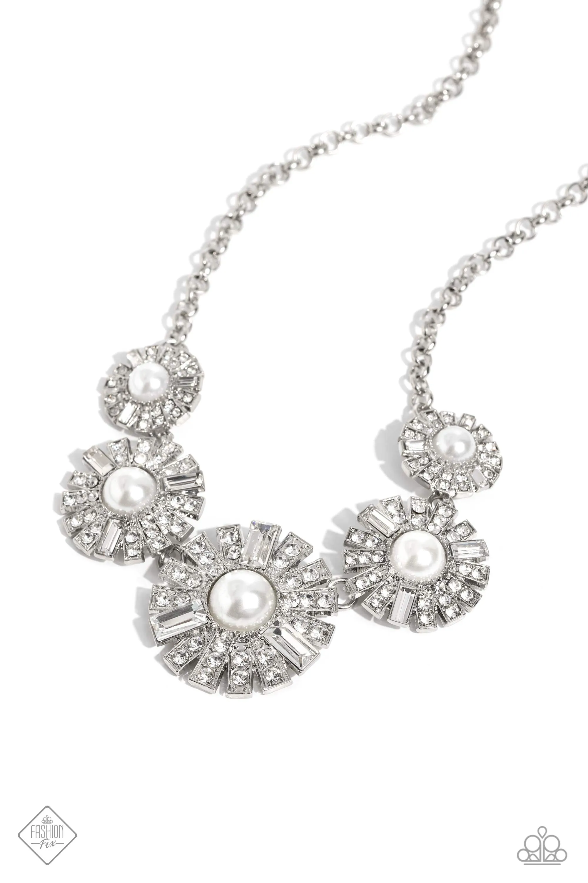 Gatsby Gallery - White - Pearl Center Rhinestone Flower Paparazzi Short Necklace - October 2023 Fiercely 5th Avenue