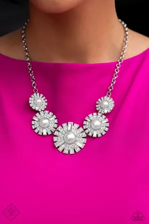 Gatsby Gallery - White - Pearl Center Rhinestone Flower Paparazzi Short Necklace - October 2023 Fiercely 5th Avenue