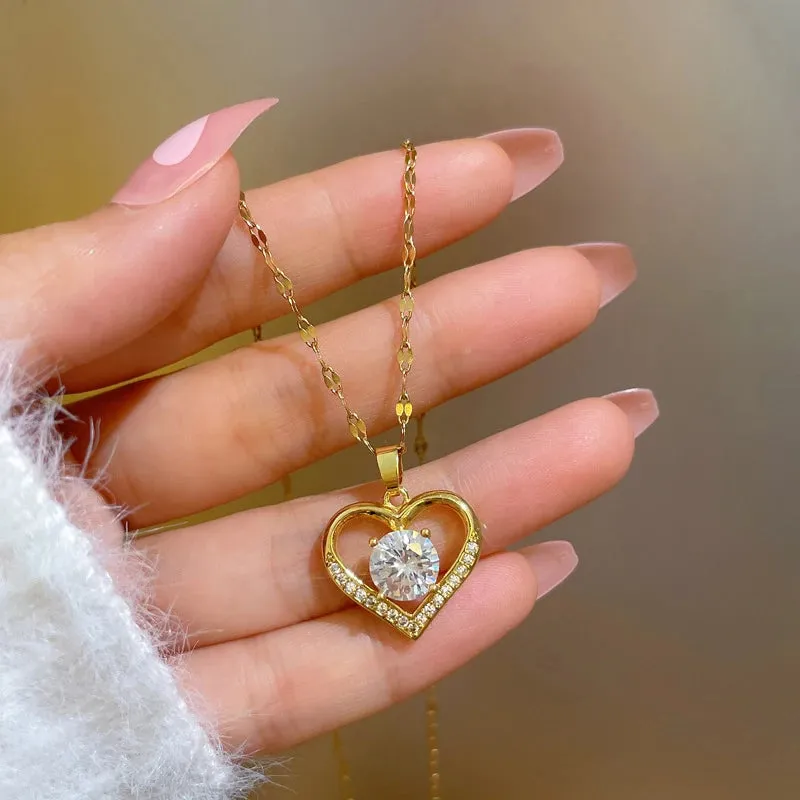 Gems Heart Pendant Necklace Golden Stainless Steel Lips Neck Chain Female Necklaces Jewelry for Girl