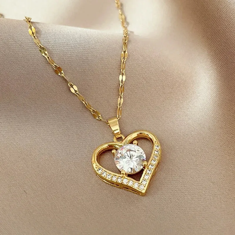 Gems Heart Pendant Necklace Golden Stainless Steel Lips Neck Chain Female Necklaces Jewelry for Girl