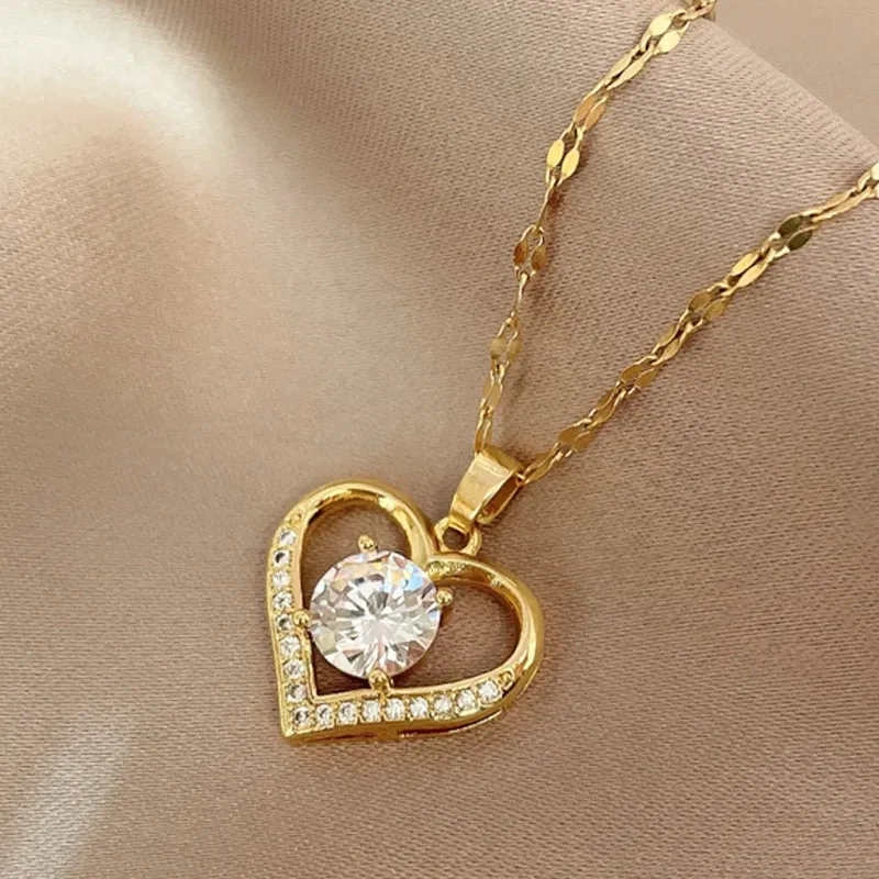 Gems Heart Pendant Necklace Golden Stainless Steel Lips Neck Chain Female Necklaces Jewelry for Girl