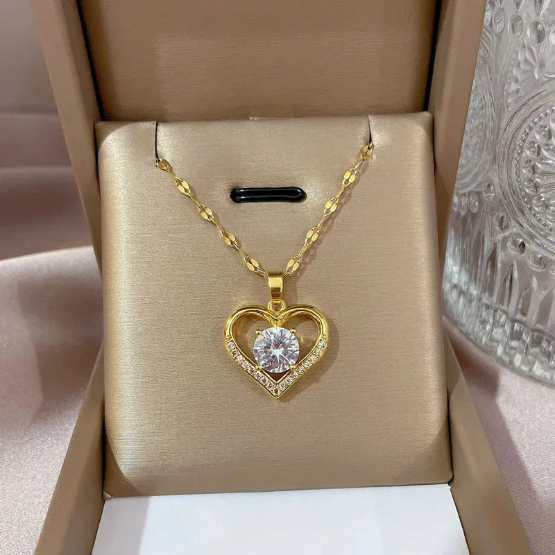 Gems Heart Pendant Necklace Golden Stainless Steel Lips Neck Chain Female Necklaces Jewelry for Girl