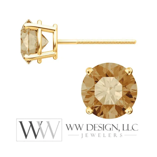 Genuine 2 ctw Champagne DIAMOND Earring Studs 6.5mm 2 ctw (each 1ct) Post w/ 14k Solid Gold (Yellow, Rose, White) Silver, Platinum Brown Diamond Studs