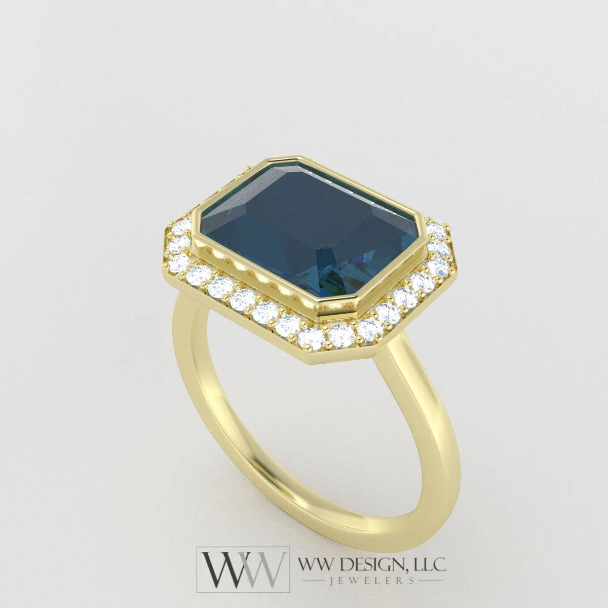 Genuine 4.25ct London Blue Topaz East West Emerald Shaped Ring with 0.28ctw Diamond Halo - 14k 18k Gold (Y, R,W) Platinum