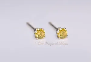 Genuine CANARY Yellow DIAMOND Earring Studs 2mm 0.08tcw Post 14k Solid Gold (Yellow, Rose or White), Platinum, Silver Cartilage Helix Tragus