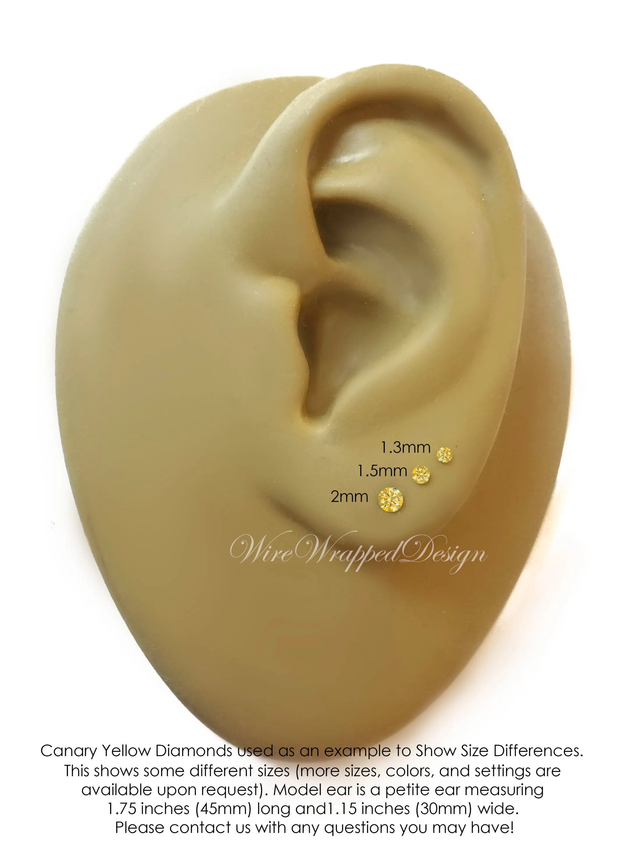 Genuine CANARY Yellow DIAMOND Earring Studs 2mm 0.08tcw Post 14k Solid Gold (Yellow, Rose or White), Platinum, Silver Cartilage Helix Tragus